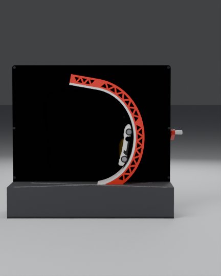 The car climbing the curved ramp, nose pointing up