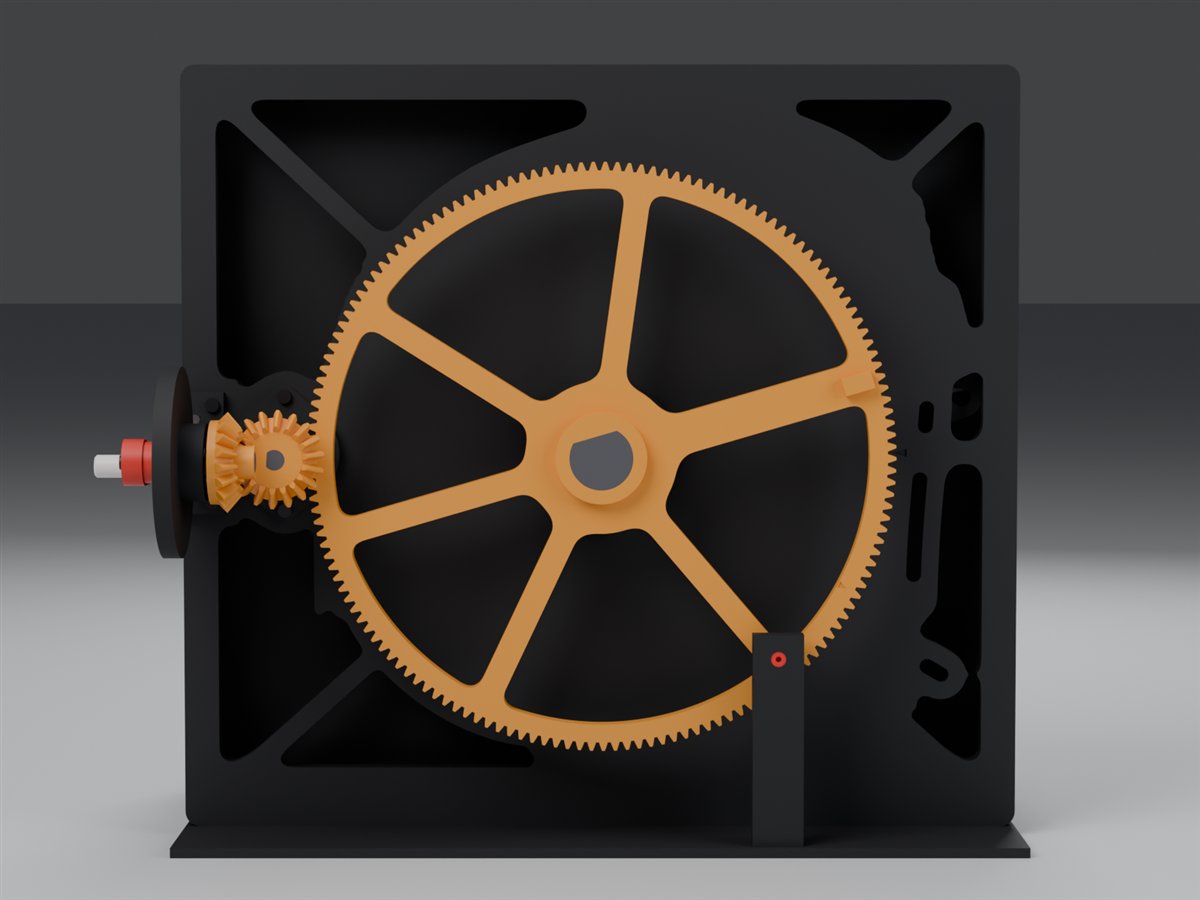 The back of the model: the crank on the left, the bevel gears, the pinion and the big orange spoked gear