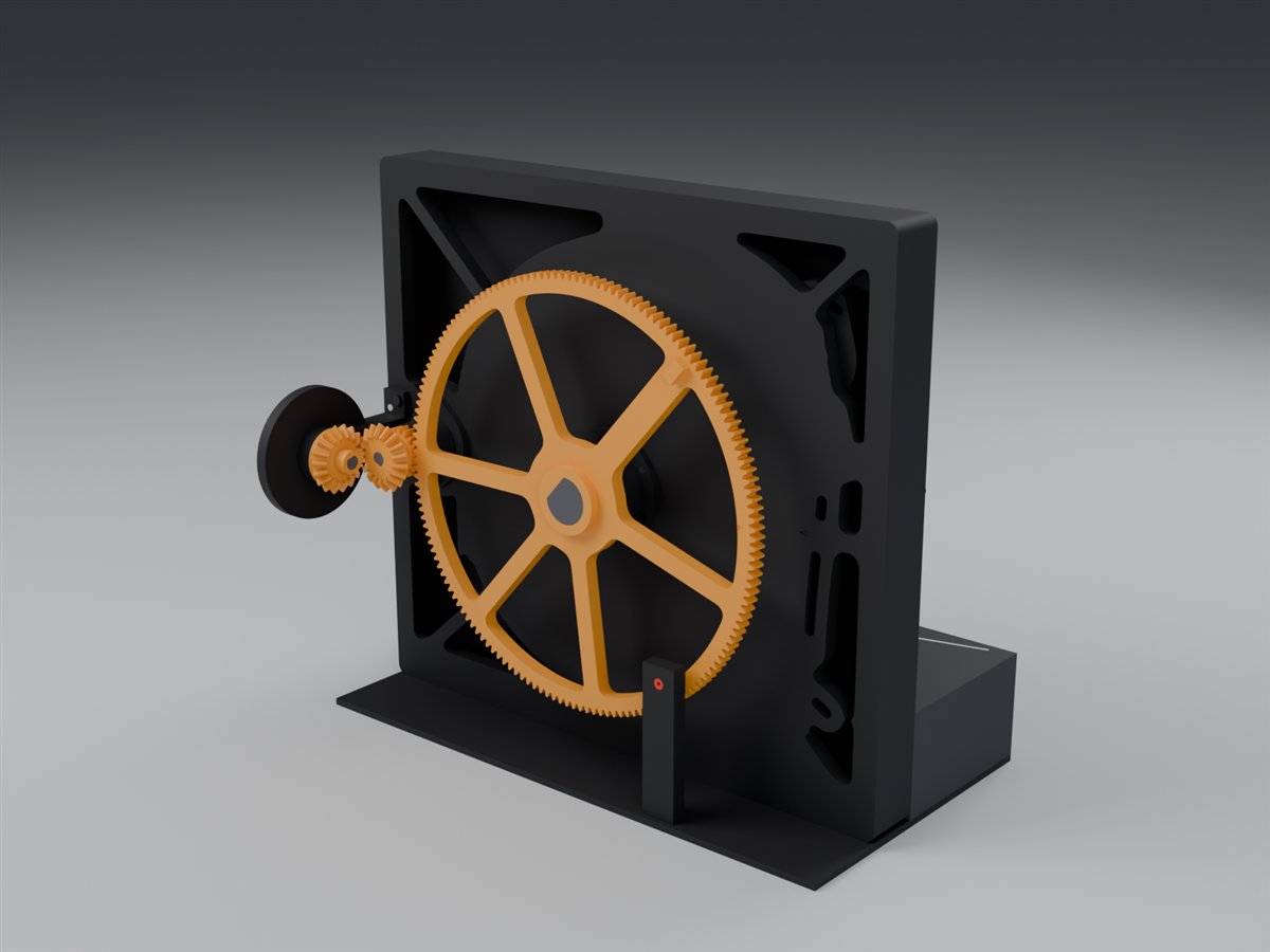 The back of the model at an angle: the skeleton back plate, the big spoked gear, and the black stop post with a red pin at the bottom
